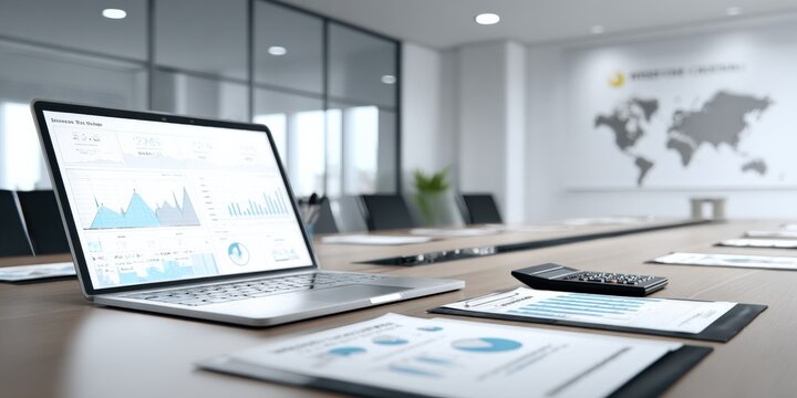 Modern Conference Room with Laptop, Charts, and Global Map for Business and Finance Presentations