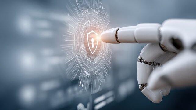 Robotic Arm Activates Shield Icon for Cybersecurity: Protection, Technology, Automation and Artificial Intelligence Concept