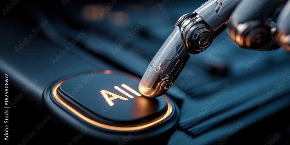 Poster robotic hand pressing an illuminated button, symbolizing automation, artificial intelligence and tec