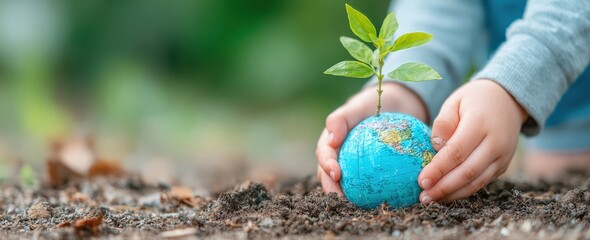 Kid planting a small tree seedling growing from a globe in the ground, symbolizing environmental protection and care for planet Earth