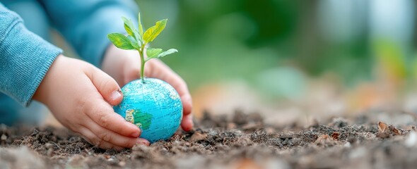 Child holding a small globe with a tree seedling growing from it, symbolizing environmental conservation and Earth Day