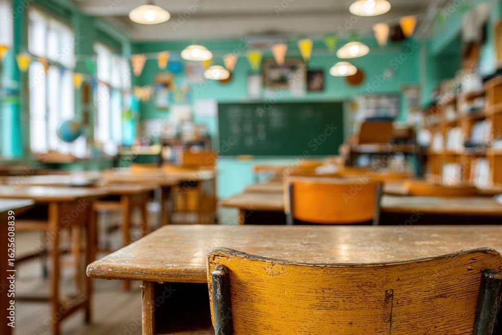 Poster empty vintage classroom of a music school inviting students to sit and learn, with shallow depth of 