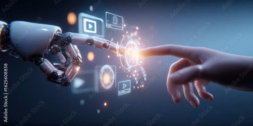Poster human and robot hands touching virtual interface: future technology and artificial intelligence conc