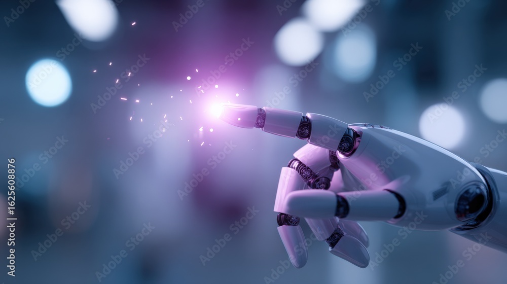Poster robotic hand touching a light spark, symbolizing artificial intelligence and technology innovation i