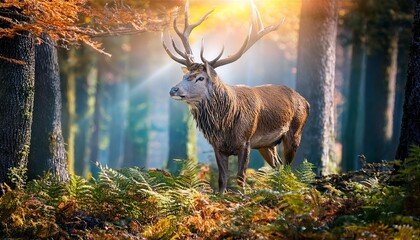 a majestic stag with large antlers stands confidently in a luminous fantasy forest surrounded by magical light and colorful foliage