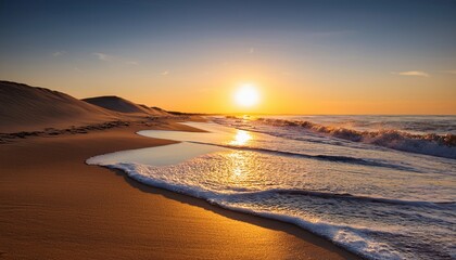 a tranquil beach sunset with golden sunlight reflecting on gentle waves and soft sand mounds in the foreground