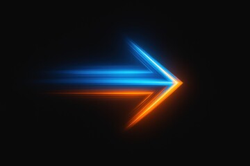 Glowing Arrow Moving Forward with Blue and Orange Light Trails on Black Background, Directional Sign