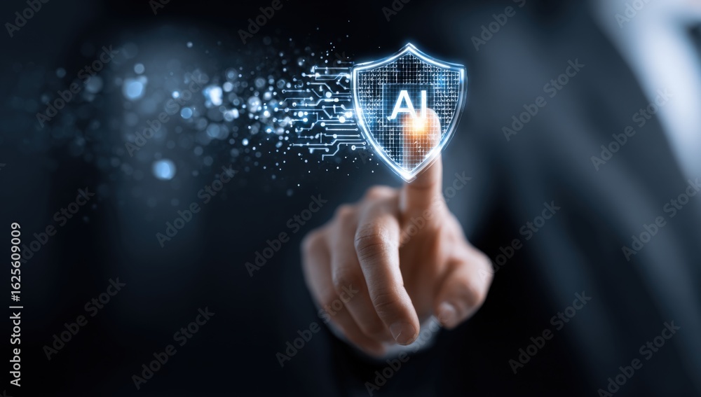 Poster ai security protection: hand touching shield representing artificial intelligence cyber security tec