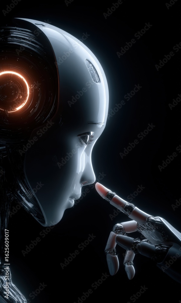 Poster futuristic android portrait: artificial intelligence concept with humanoid features and subtle light