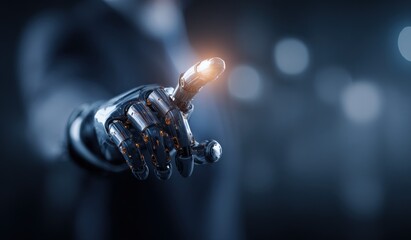 Futuristic Robot Hand Touching Interface, Symbolizing Artificial Intelligence, Future Technology, and Digital Transformation on Abstract Background