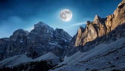 moonlit mountain majesty a full moon bathes towering cliffs in silver light creating a mystical and serene nocturnal spectacle