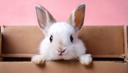 cute white rabbit peeking out of a cardboard box against a soft pink background with a whimsical atmosphere