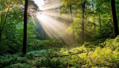 sunlight breaks through the dense greenery generative ai