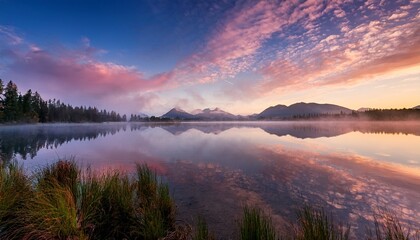 Fototapeta premium a serene landscape featuring a misty lake reflecting a pastel sky with distant mountains at the horizon