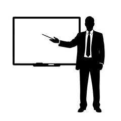A silhouette of a businessman in a suit giving a presentation and pointing to a blank whiteboard.