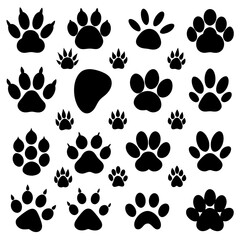 Collection of black animal paw prints and one large blob shape silhouette isolated on transparent background