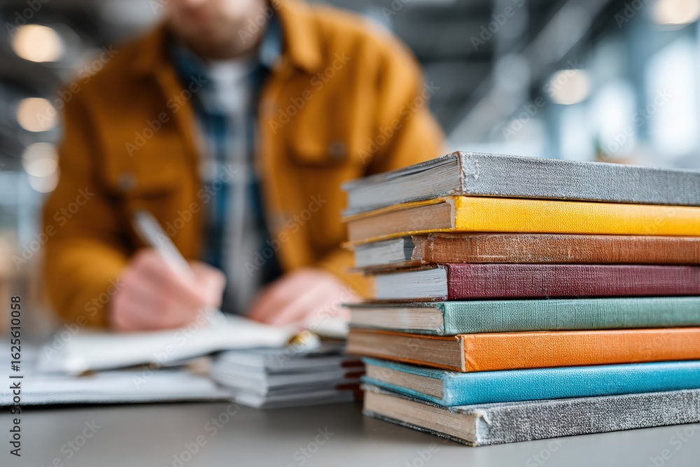 Poster university student writing notes with a stack of colorful books in the foreground, in a modern libra