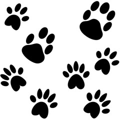 Collection of black animal paw prints in silhouette isolated on transparent background