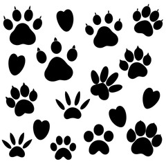 Collection of black animal paw prints and hearts silhouette isolated on transparent background