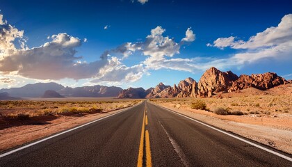 open road desert landscape with rocky mountains blue sky and clouds evoking sense of freedom and adventure sunny day highway asphalt travel nature mountain road sky cloud landscape desert nature