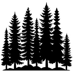 Obraz premium A dense forest of pine trees in a striking black silhouette against a transparent background isolated on transparent background