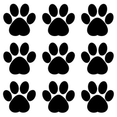 Nine black dog paw prints arranged in a grid pattern silhouette isolated on transparent background