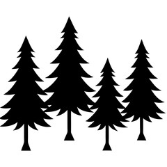 A group of stylized evergreen trees in a black silhouette against a transparent background isolated on transparent background
