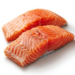 Close-up of two fresh salmon fillets with bright orange marbling on a clean white background, raw seafood ready to cook