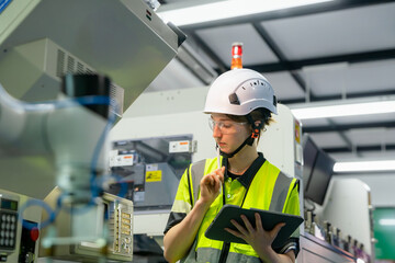 Female engineer conducting quality control and inspection on an automated production line in a smart factory.
