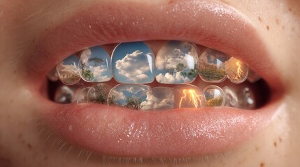 Obraz premium Surreal close-up of female mouth with tiny weather scenes on teeth