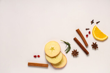 Composition with ingredients for mulled wine on white background