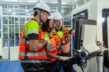 Three people wearing safety gear are standing in front of a computer monitor. Group of machinists in an on-the-job training session, learning to program and control an automated industrial machine. © VStudio