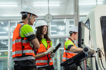 Three people wearing safety gear and orange vests. Group of machinists in an on-the-job training...