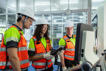Three people wearing safety gear. Group of machinists in an on-the-job training session, learning...