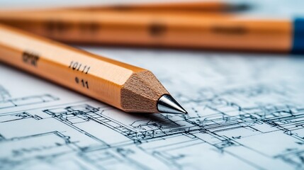 Pencil on technical drawing. Sharp pencil on complex technical sketch. Drafting and design in mechanical or civil engineering. Creative process celebrated during National Engineers Week