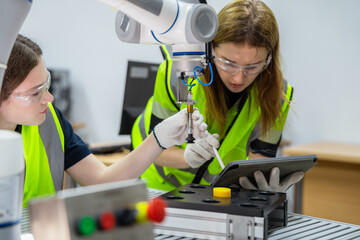 Two women wearing safety gear are working on a machine. Female students in a university robotics class learning to program a collaborative robot (cobot).