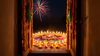 Obraz premium Diwali Celebration: Festive Lights & Fireworks