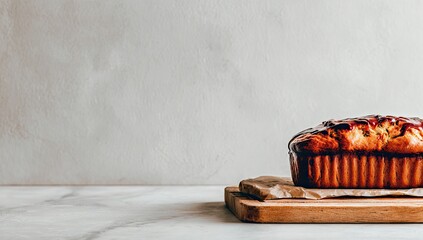 Baked loaf, golden brown, on a wooden board, against a light gray wall