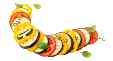 A vibrant display of sliced vegetables arranged in a semi circle with herbs on a black background on transparent background
