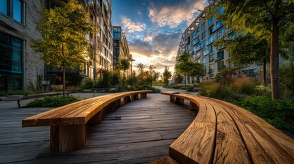 Moderne Stadtpromenade mit geschwungenen Holzsitzb&auml;nken und begr&uuml;nten Geb&auml;uden im warmen Abendlicht