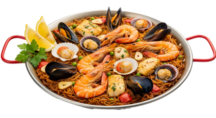 A seafood paella with shrimp mussels scallops and lemon wedges served in a large metal pan dish view on transparent background