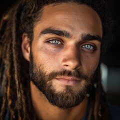 Obraz premium Thoughtful portrait of a man with dreadlocks and blue eyes