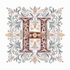 Ornate Floral Letter H Illustration, Victorian Initial Artwork with Botanical Motifs