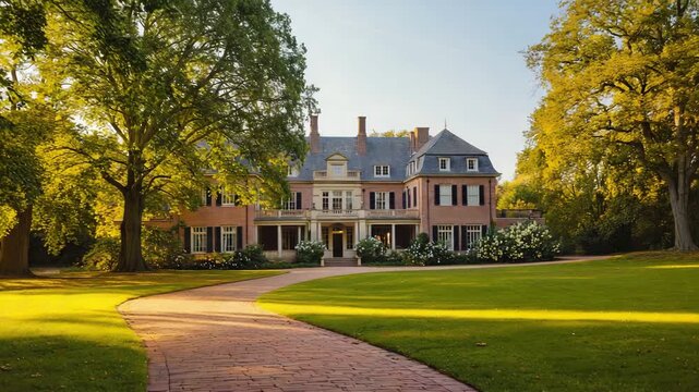 Elegant mansion with garden and curved driveway on a sunny day

