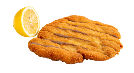 A sliced schnitzel with golden breading and a half lemon isolated on a black background in a studio shot on transparent background