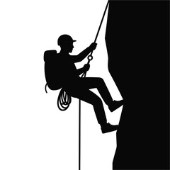 Silhouette of a person rappelling down a cliff isolated on white background