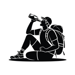 Silhouette of a hiker drinking water from a bottle isolated on white background