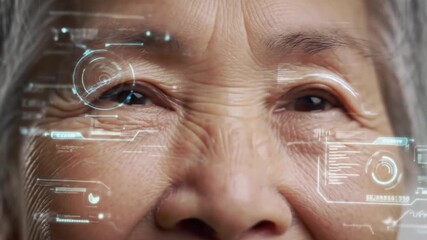 Elderly woman with digital overlay on face Futuristic tech concept. - Powered by Adobe