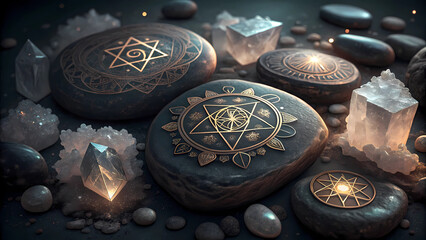 Collection of chakra stones with sacred geometry symbols and quartz crystals for spiritual healing and meditation on dark surface