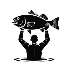 Fisherman holding up a large fish silhouette isolated on white background